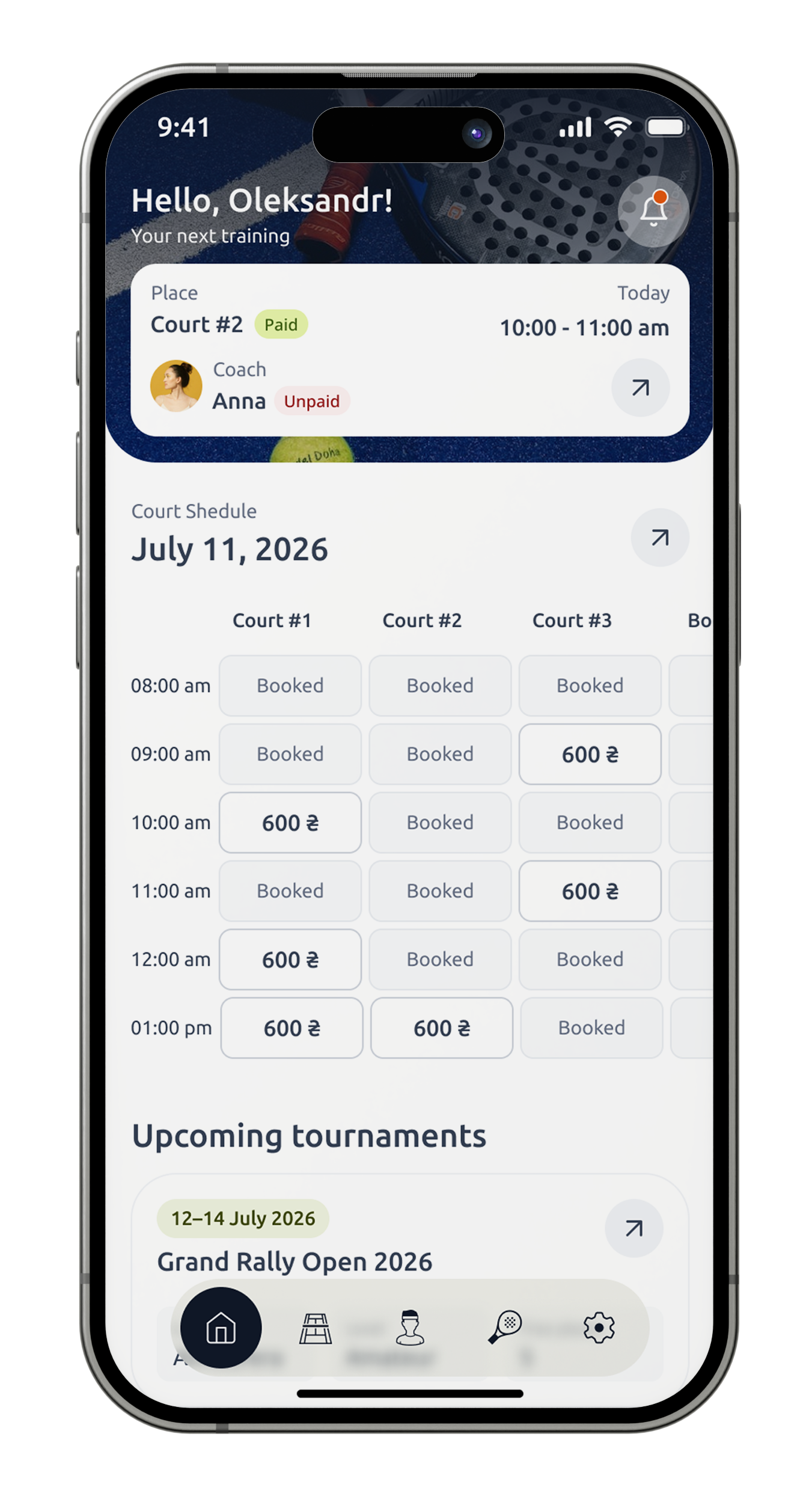 Player home screen β courts, upcoming sessions